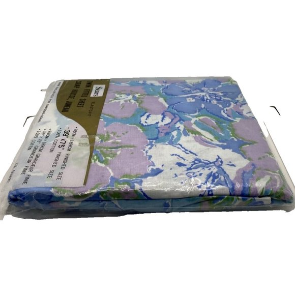 Sears Elasto-Fit Twin Fitted Sheet 39” X 75” Flower Power Mod MCM Blue Purple - Picture 10 of 14